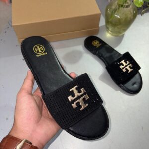 TB Everly Slide Sandals Light Black Gold Crystal